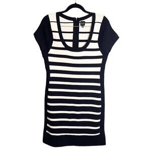 BLACK Saks Fifth Ave Black & White Stripe Knit Cap Sleeve Scoop Neck Dress Large
